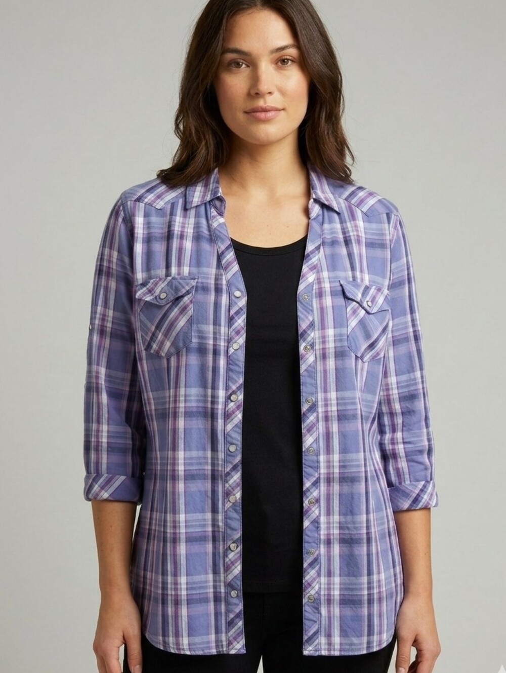 Reitmans Purple Plaid Button-Up 3/4 Sleeve Shirt, size L